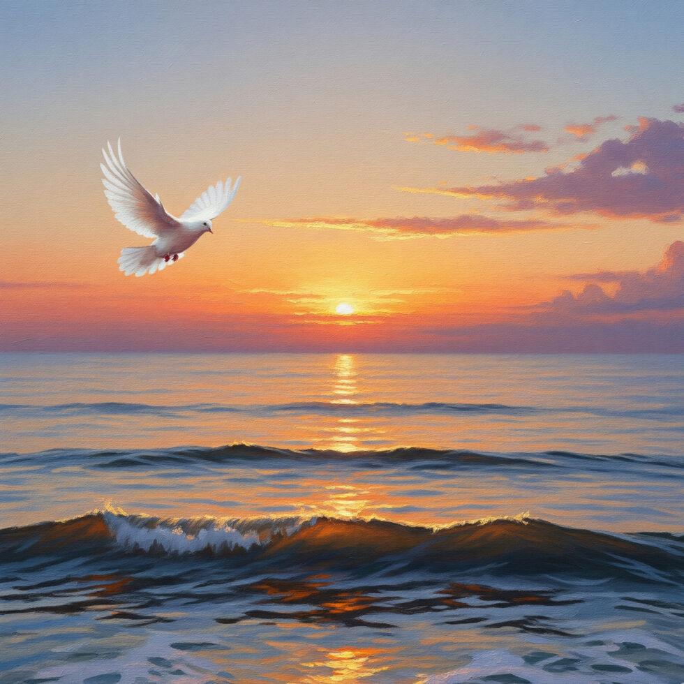 por do sol, pássaro gaivota branco a voar, com o mar, uma onda e cores alaranjadas
