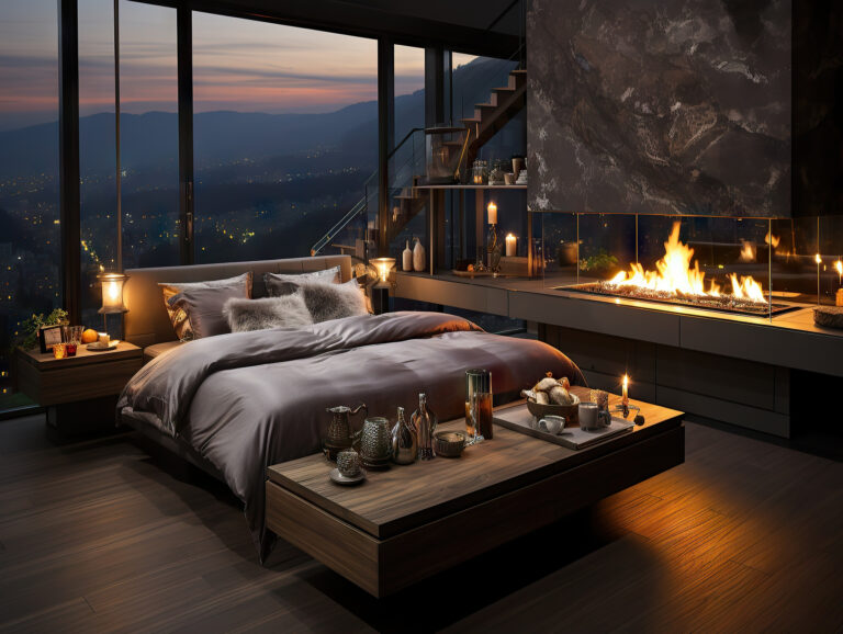 Quarto acolhedor com cama junto a uma lareira e vista panorâmica ao anoitecer.
