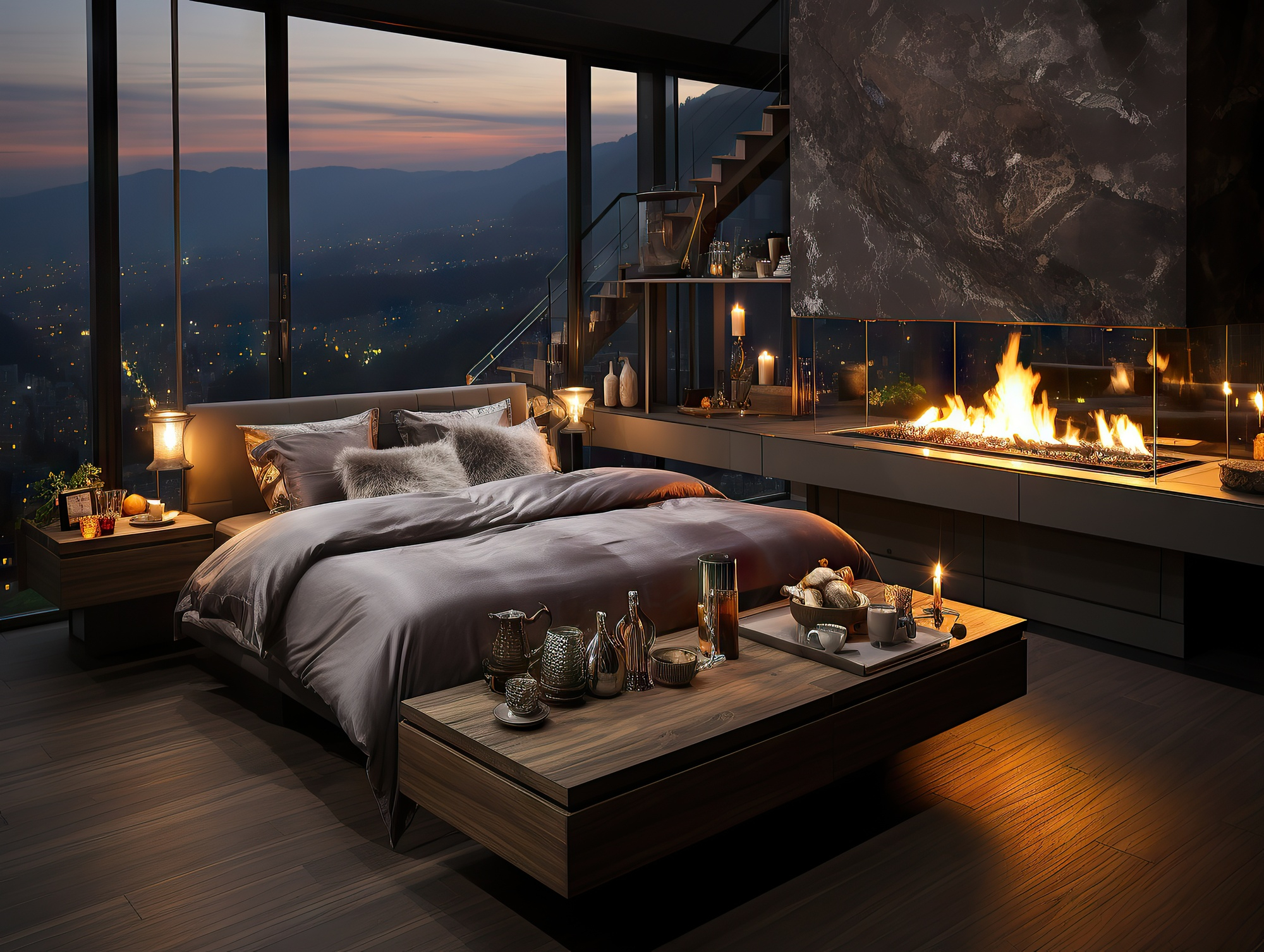 Quarto acolhedor com cama junto a uma lareira e vista panorâmica ao anoitecer.