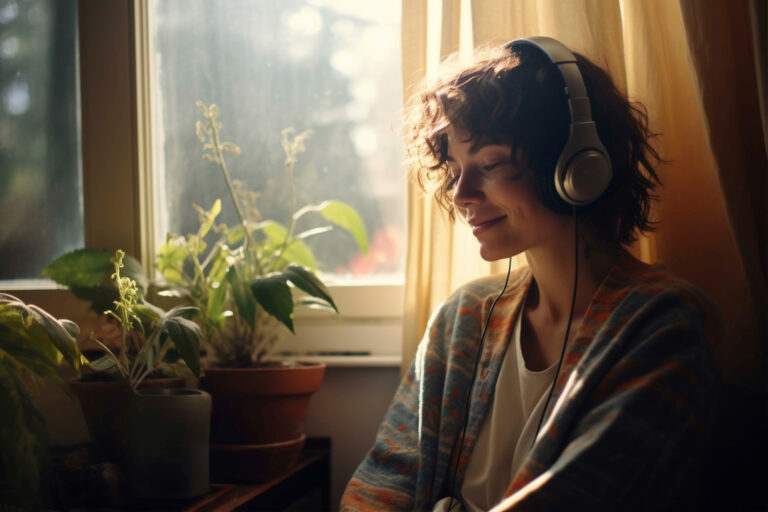 Pessoa a ouvir música enquanto recorda memórias e emoções do passado.